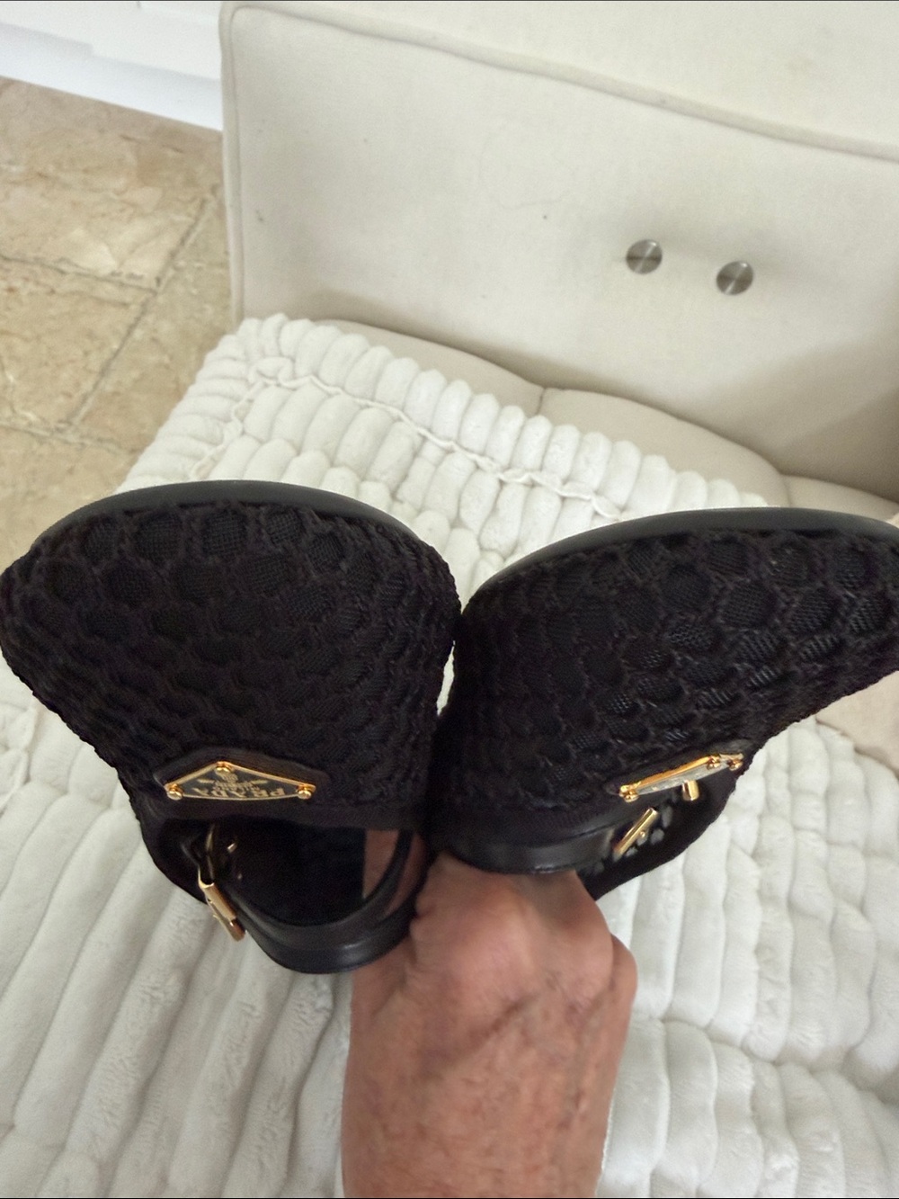 Prada Black Mesh Double-Strap Mary Jane Flats with Gold Logo - Picture 7 of 9